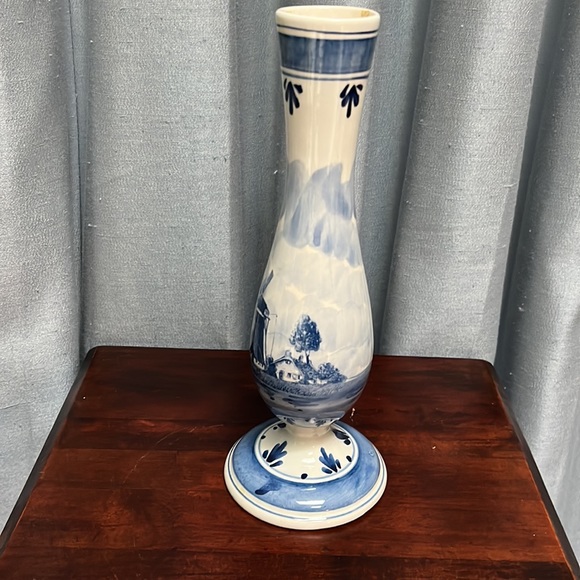 Tall Slender Blue Delft Bud Vase w/ Windmill on one side, Sailboat on the other - Picture 6 of 14